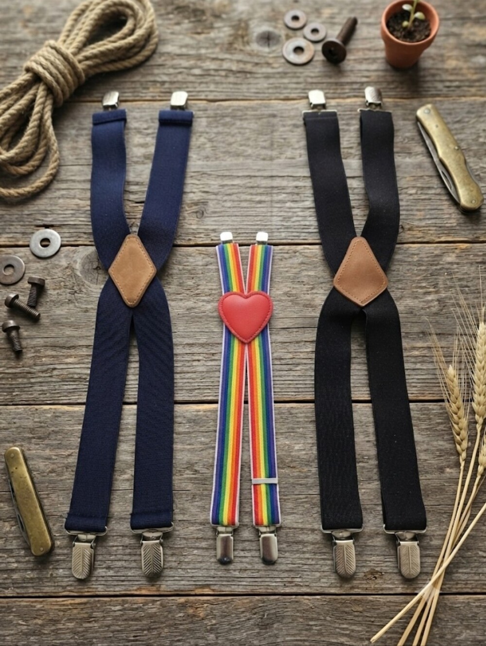 Vintage Set of  3 Men's Suspenders - Navy, Black & Rainbow, Pre-owned